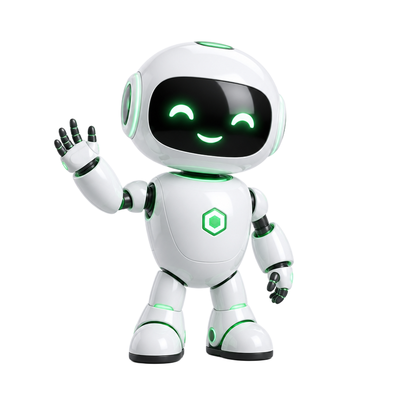 Mascote do sistema, um pequeno assistente robô verde e branco
